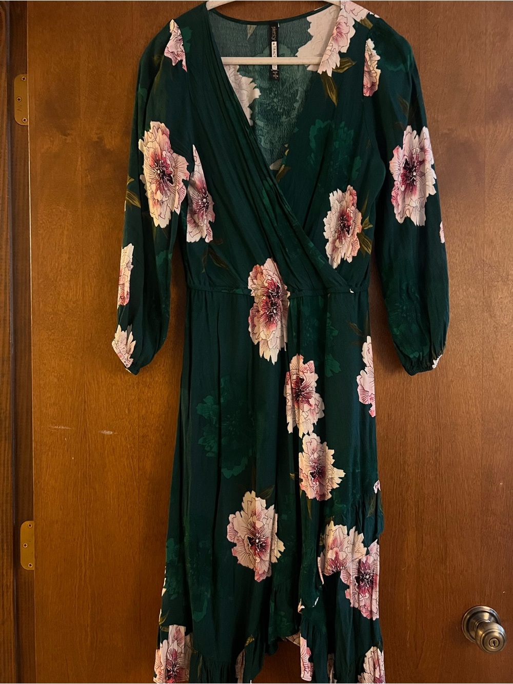 Plenty by Tracy Reese Dark Green Floral Wrap Dress with Pink Blooms
